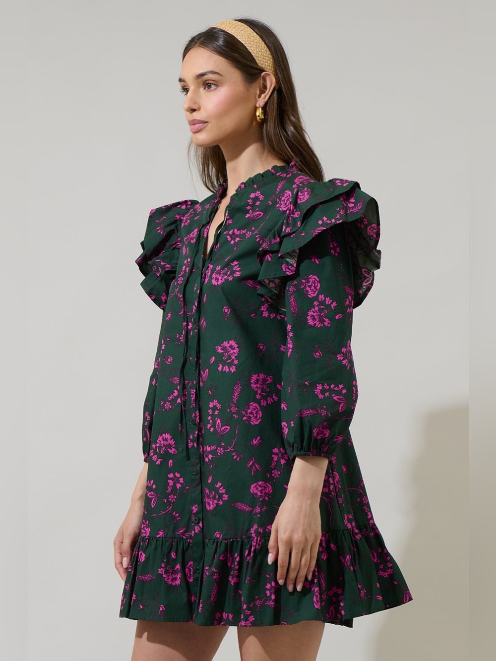 NWT- SUGARLIPS Close To You Sammy Ruffle Drop Waist Green Floral Mini Dress - Picture 4 of 15